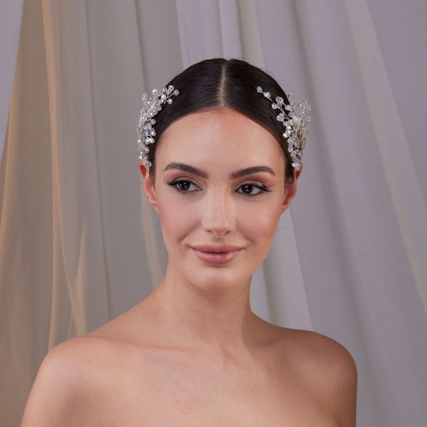 Weiß mit Blumen zweiteilig Kristall Braut-Haaraccessoire