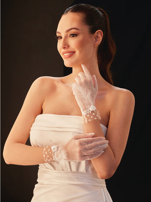 Elegant mit Federn Handschuhe – gepunktet und mit Blumendetails schick Damen Handschuhe