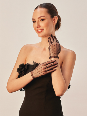 Gepunktet kurze Tüll-Handschuhe – transparent elegant Damen Handschuhe für festliche Anlässe
