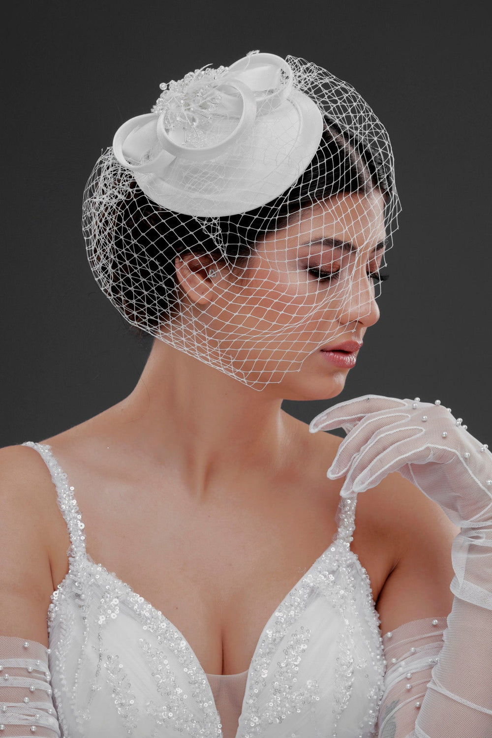 Vintage im französischen Stil Standesamt-Hut – Netz-Tüll mit Details Braut Accessoire